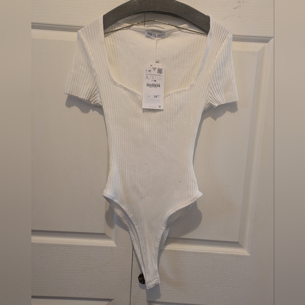 Zara Ivory Ribbed Bodysuit Short Sleeve Size L New With Tags!